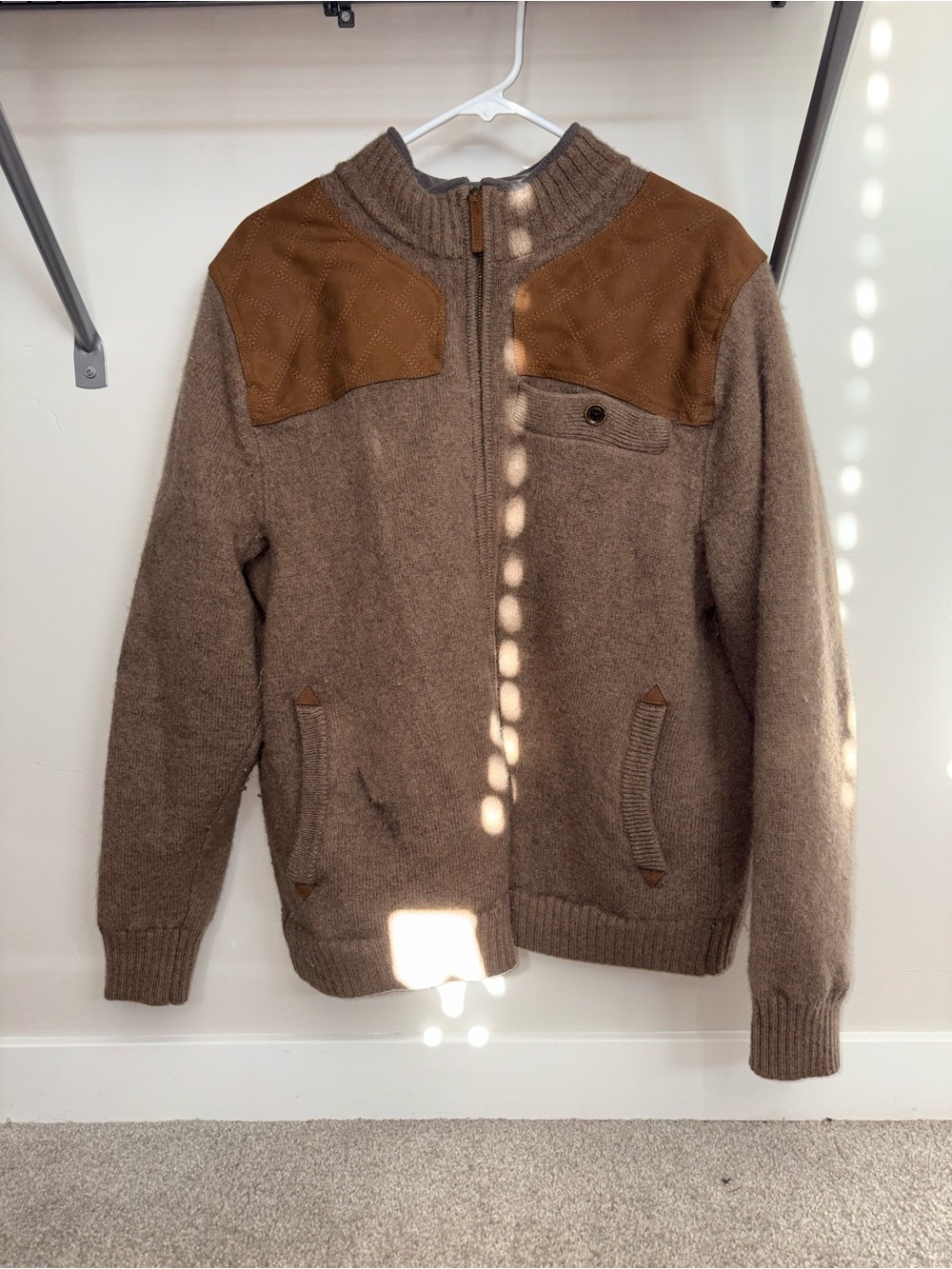 Duluth Trading Co Brown Zip-Up Sweater with Tan Shoulder Patches